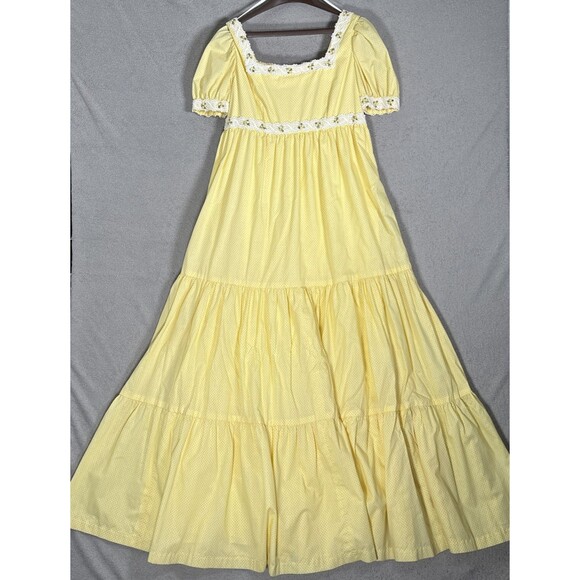 Vintage Butter Yellow Tiered Prairie Maxi Dress Cottage Core Ditsy Bridgerton‎ - Picture 2 of 16